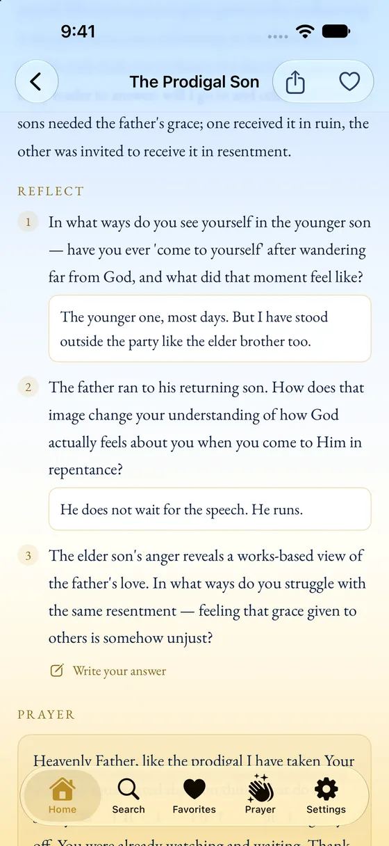 Reflection questions with written answers beneath them