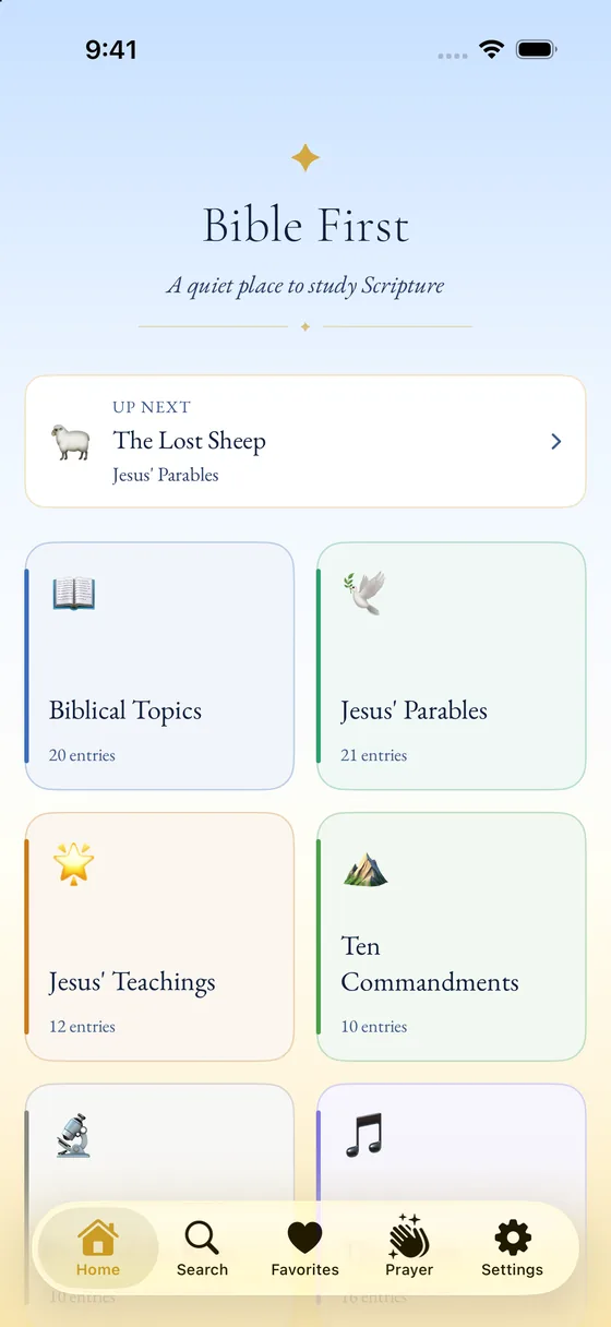 Bible First on iPhone: the Home screen with an Up Next card and the sixteen pathways