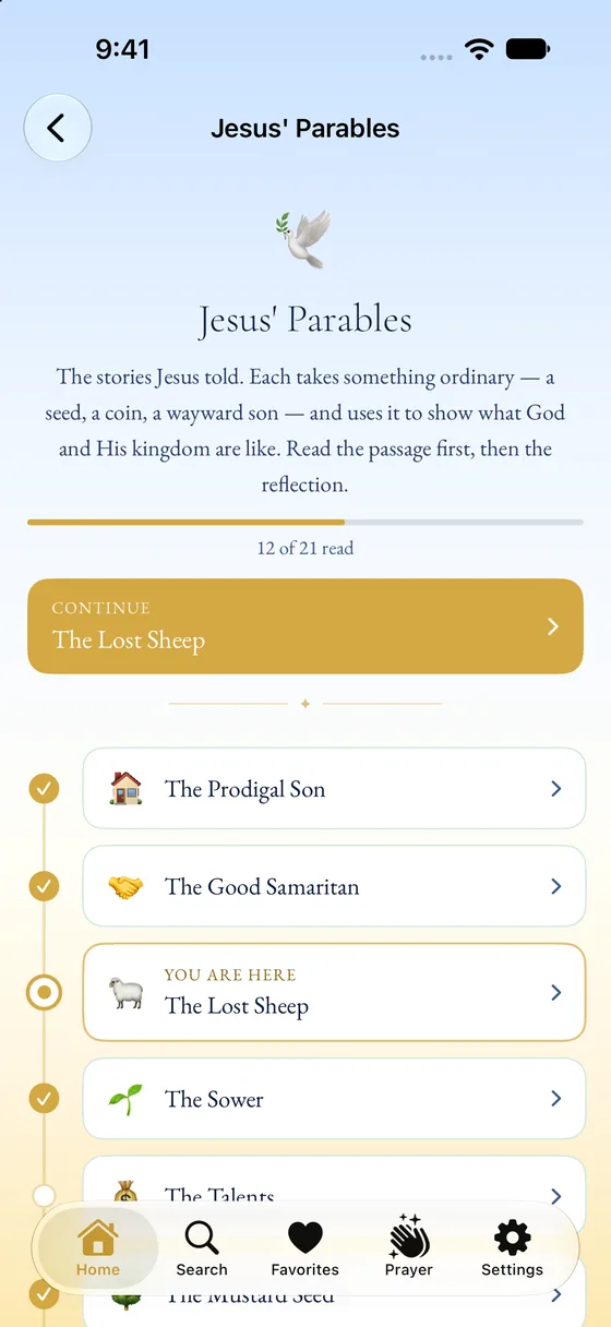 Jesus' Parables as a route, 12 of 21 read, with You Are Here marked